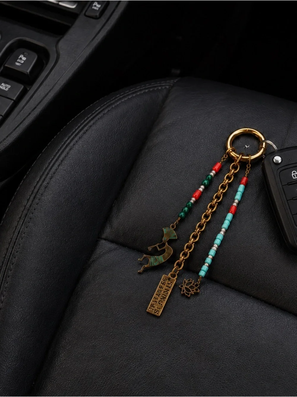 “STRONG IS BEAUTIFUL” Keychain with Vintage Beads and Unique Pendants